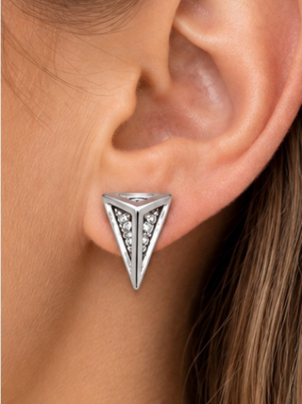 NEW - Edgy Elegance Silver Triangle & Black Rhinestone Statement Stud Earrings